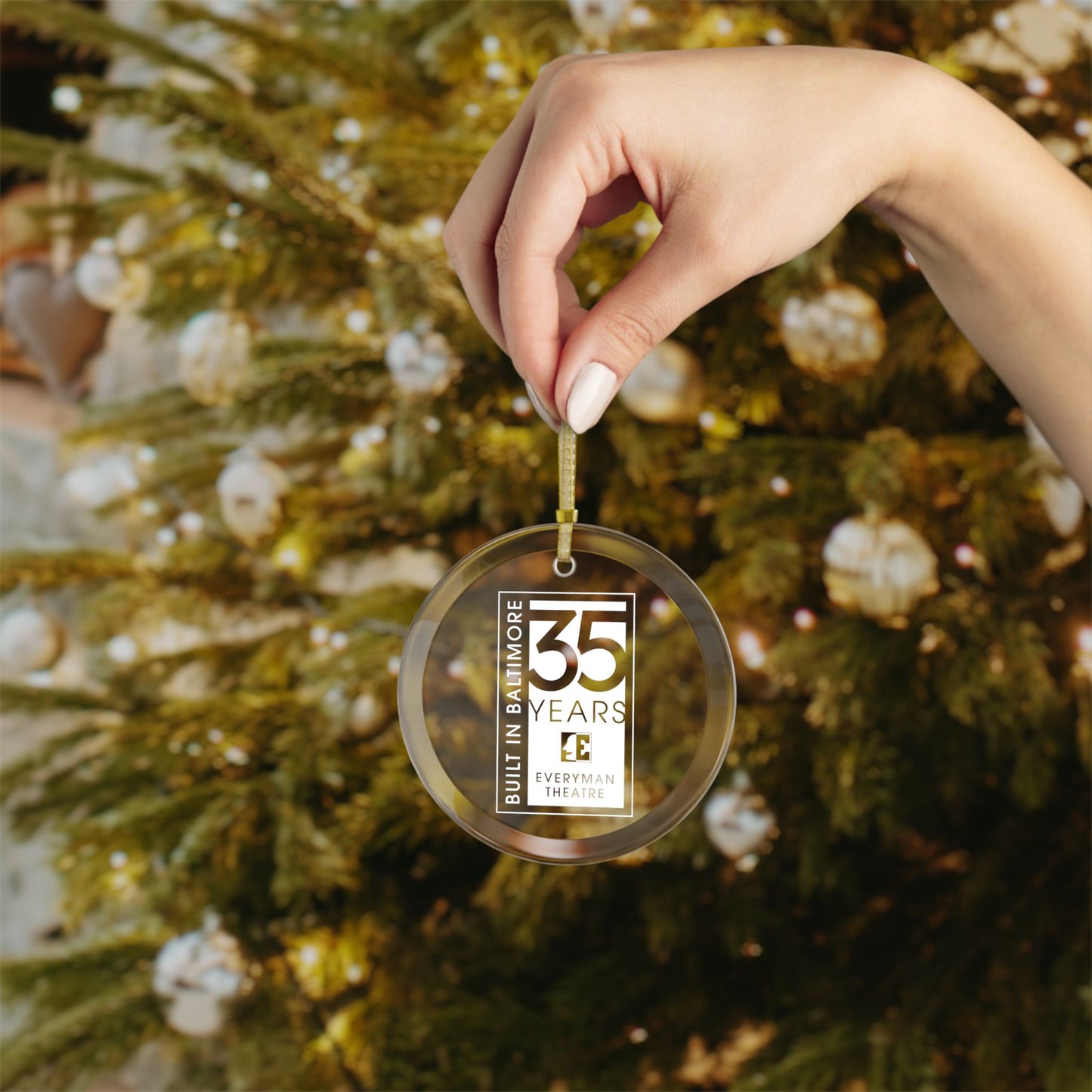 Everyman 35th Anniversary Glass Ornament in white